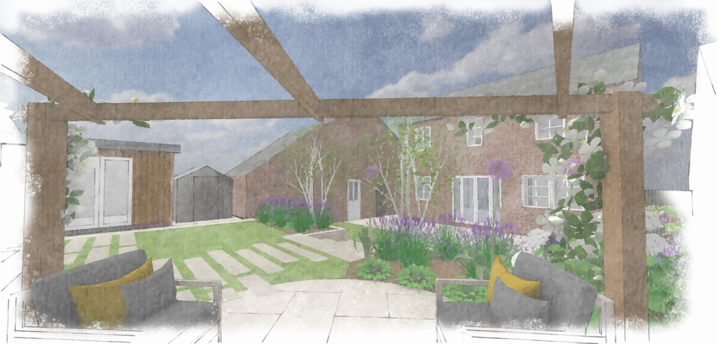 Image shows view across garden whilst standing under pergola