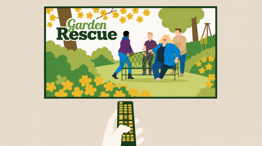 Person holding a TV remote while watching garden makeover shows