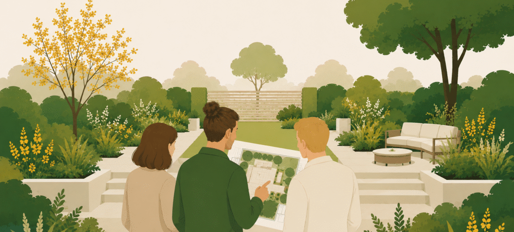 An image showing a garden designer talking with clients and looking at a garden plan