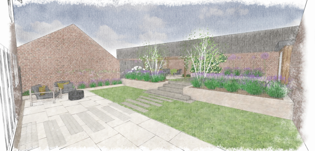 Image shows a drawing of a modern garden with paving and planting installed