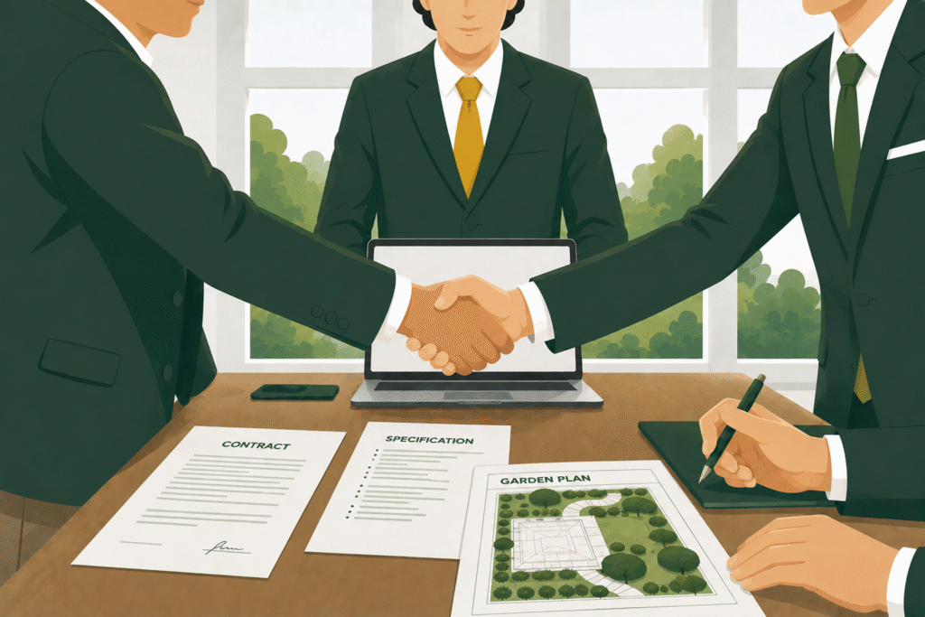 Image shows two parties in dispute coming to a resolution and shaking hands