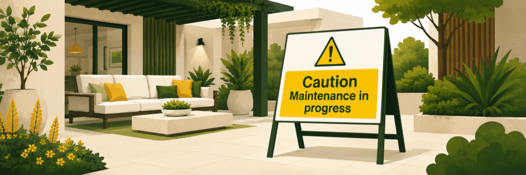 A modern patio with a maintenance sign to show there's no such thing as no maintenance